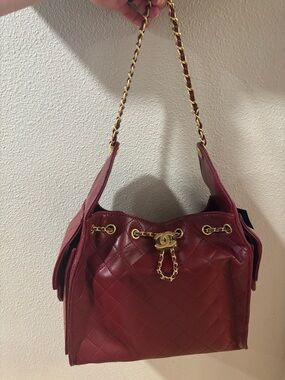 Small 25 quilted leather deep red shoulder bag with gold tone hardware NWOT